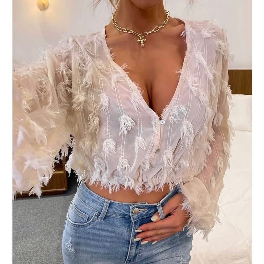 Spoon Jeans Dusty Pink Fringe Embellished Chiffon V Neck Blouse 2X NWT